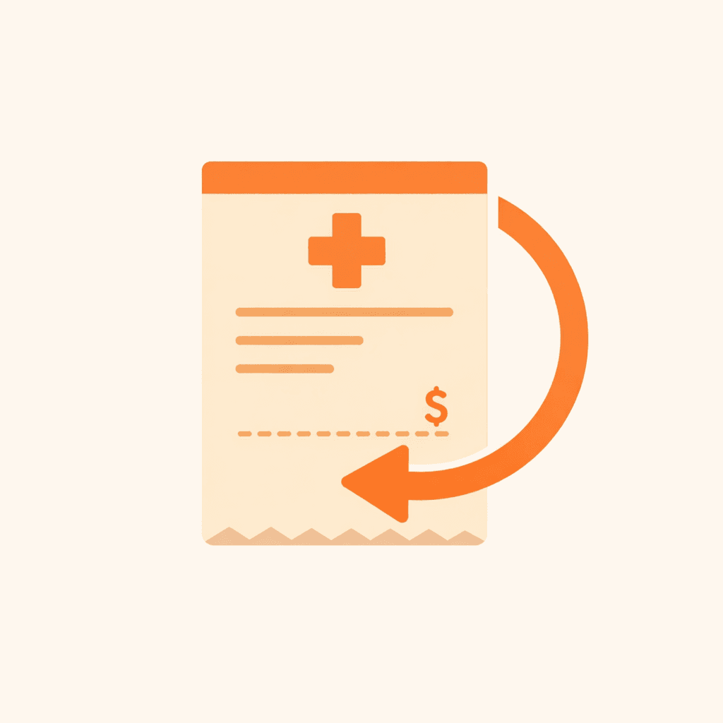 Illustration of a payment receipt with a return arrow representing Pluro's refund policy